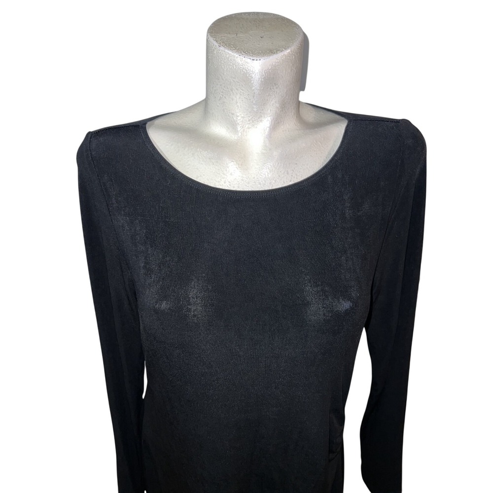 Chicos Travelers Black Slinky Knit Asymmetrical Side Drape Tunic Top Size 1 - Picture 2 of 8